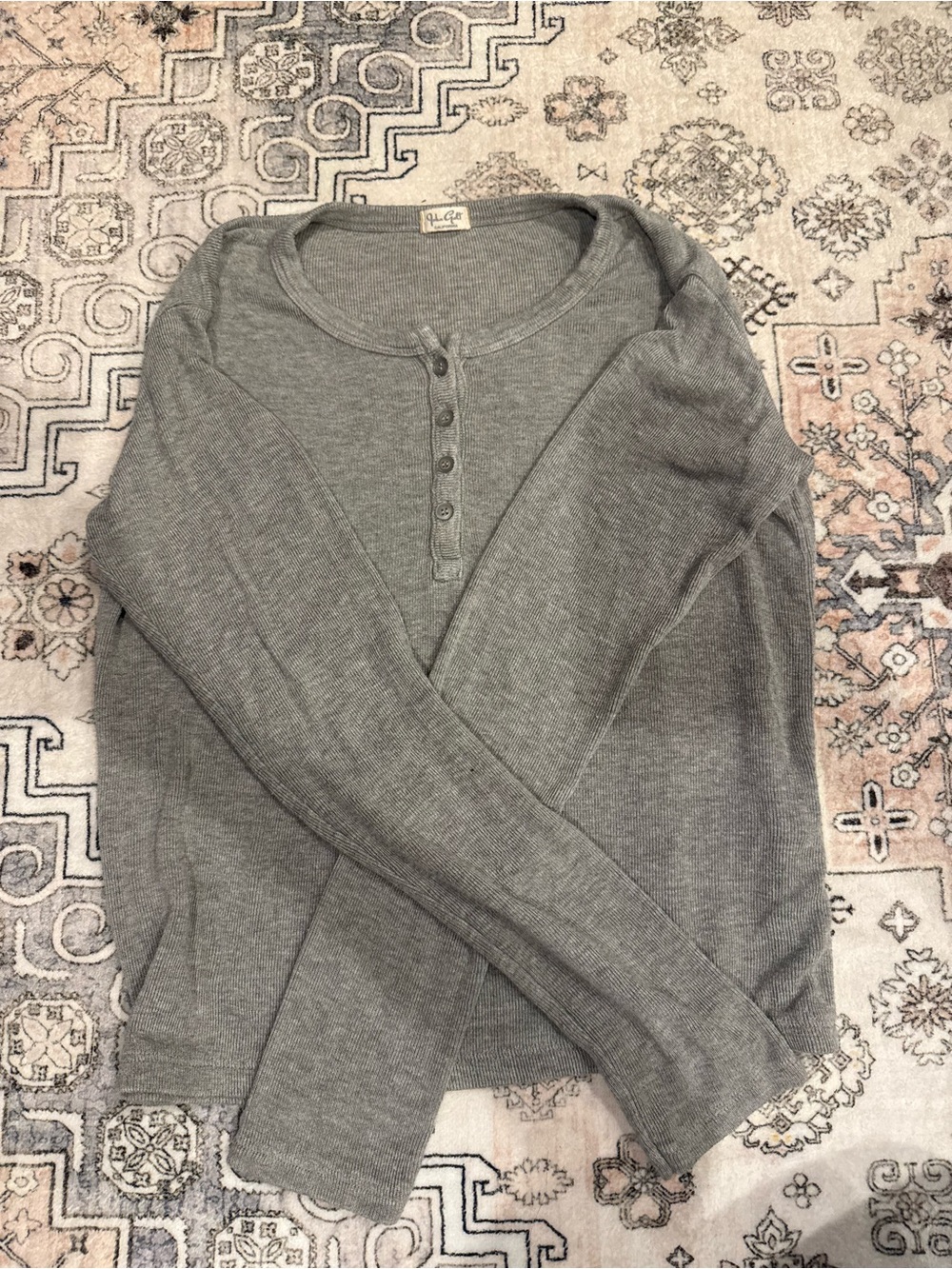 Brandy Melville Grey Ribbed Henley Long Sleeve Top